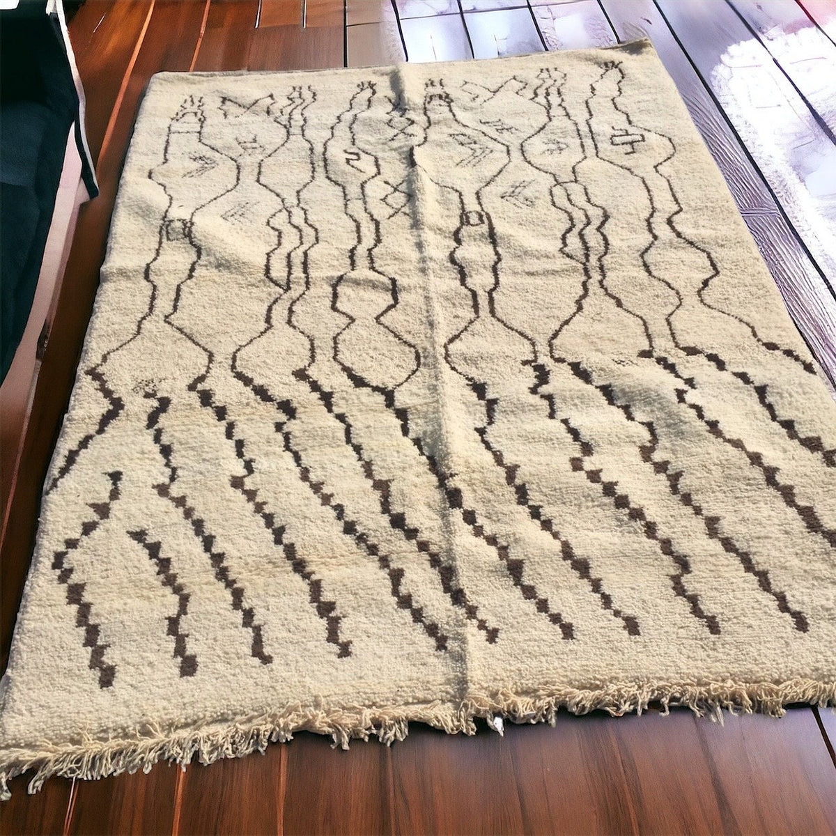 9ft 9in by 6ft 6in vintage Moroccan Beni Ourain rug, handwoven abstract artwork, from Justmorocco.