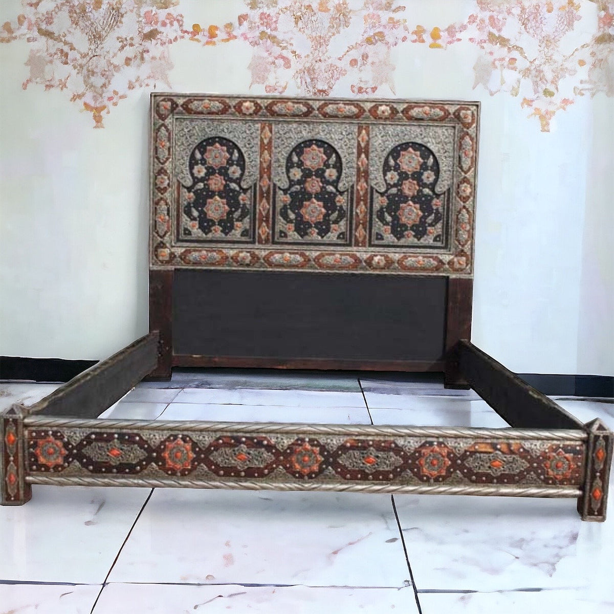 Vintage Silver Inlaid Camel Bone Headboard: Moroccan Sultan Bed