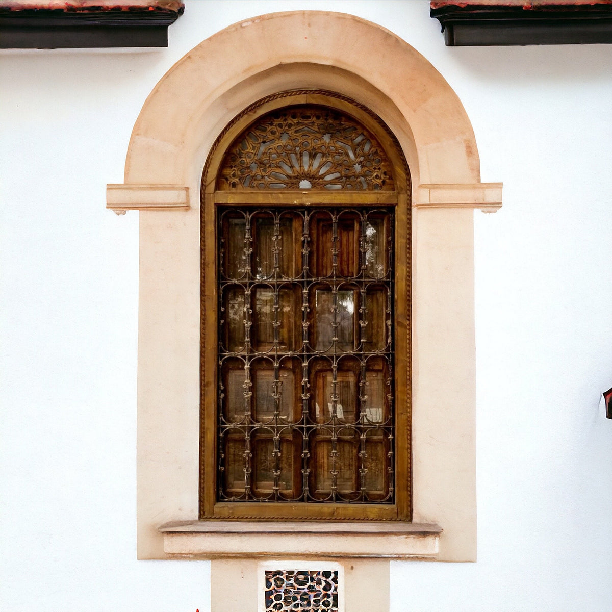 Antique Jewish Moroccan Window, Wrought Iron Filigree, Stained Glass (88x43)