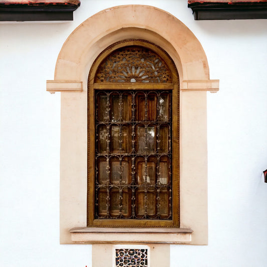 Antique Jewish Moroccan Window, Wrought Iron Filigree, Stained Glass (88x43)