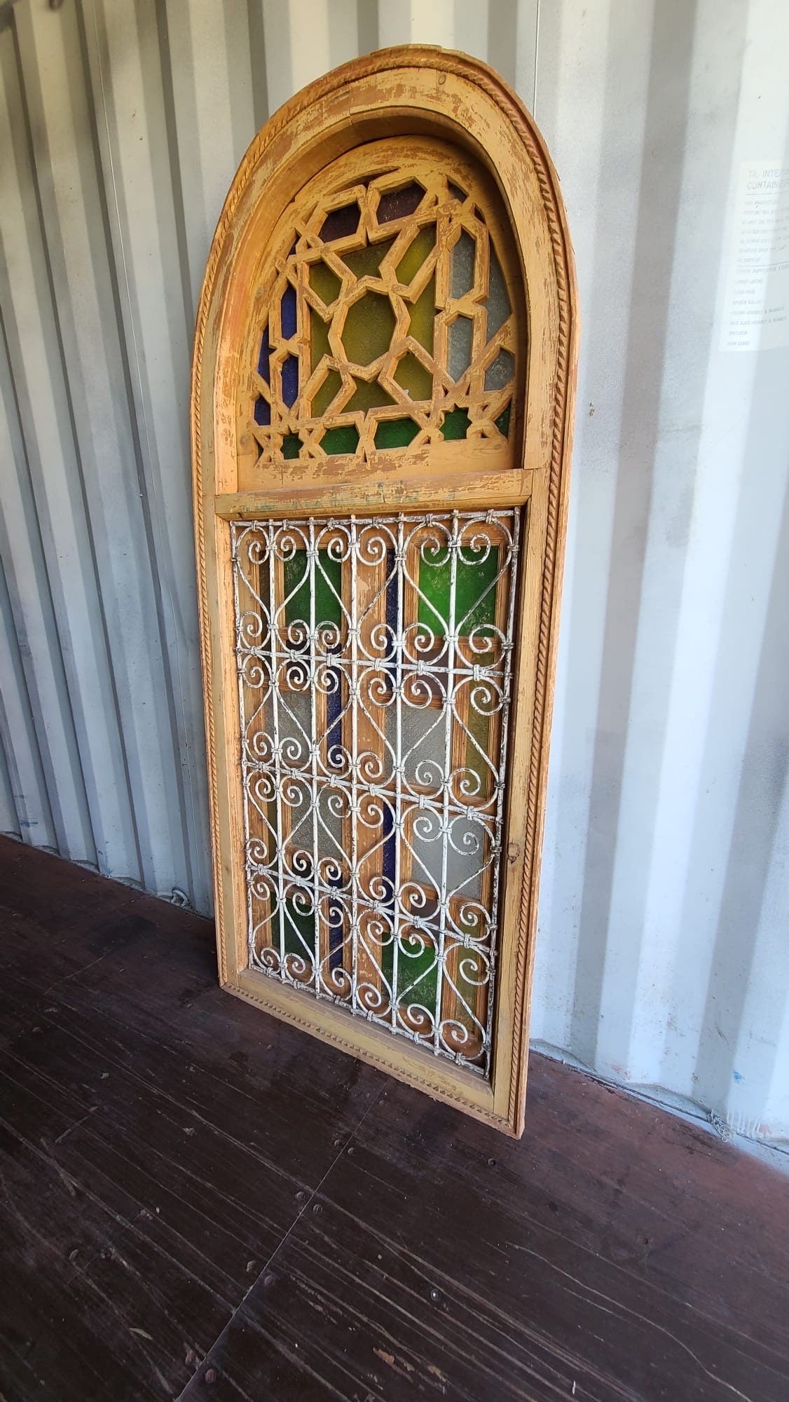 Antique Moroccan Window: Wrought Iron Filigree, Stained Glass (82” x 36”)