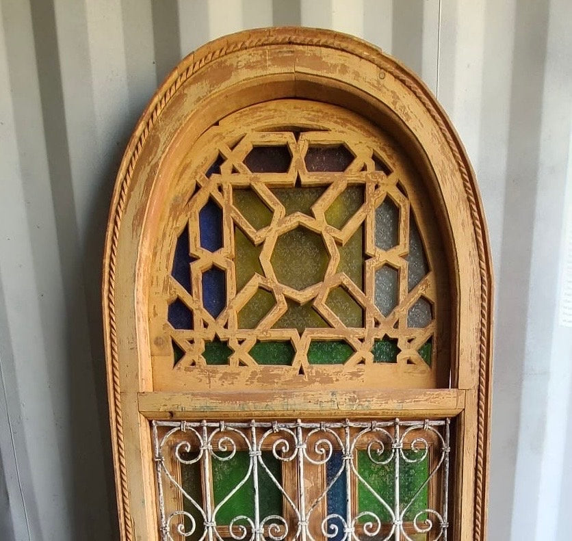 Antique Moroccan Window: Wrought Iron Filigree, Stained Glass (82” x 36”)