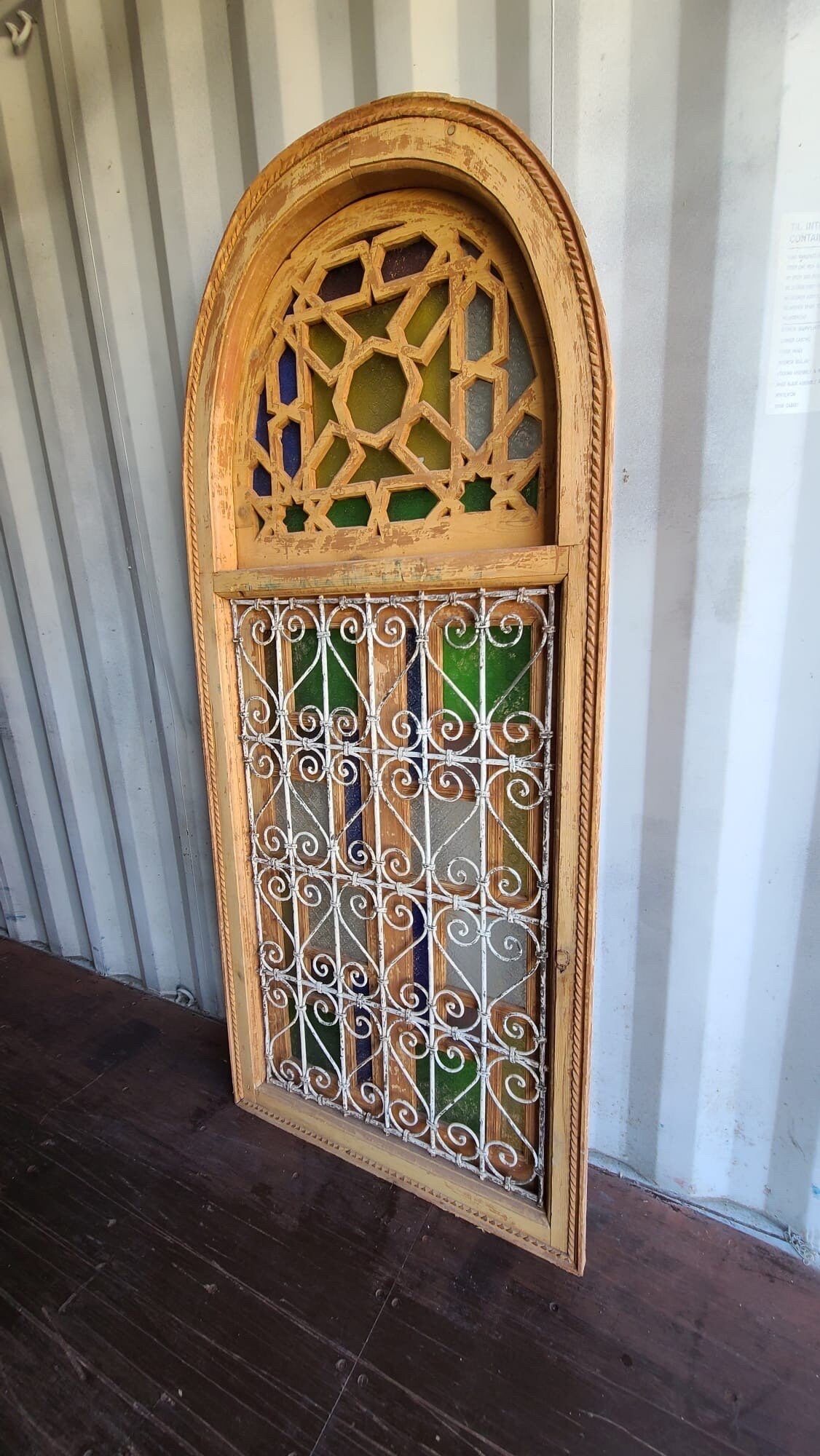 Antique Moroccan Window: Wrought Iron Filigree, Stained Glass (82” x 36”)