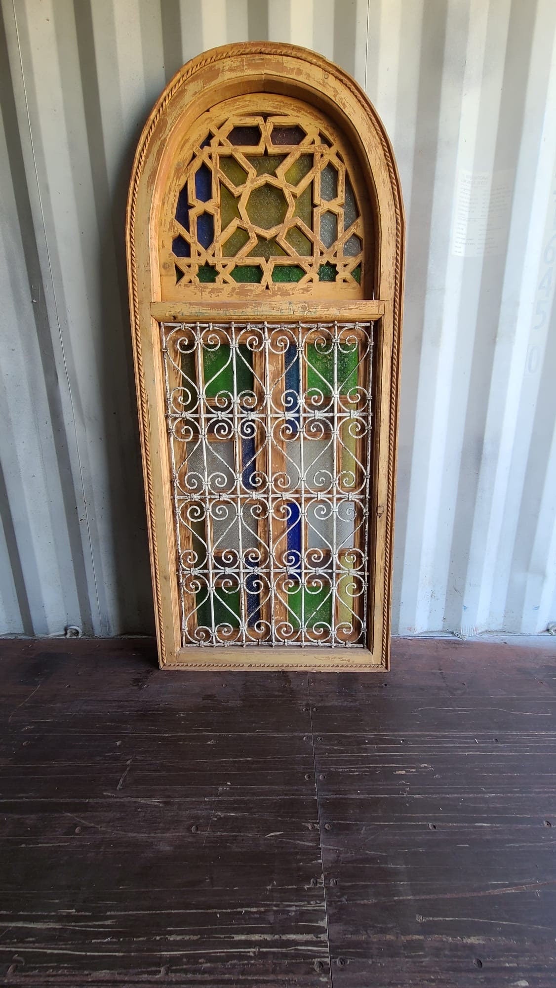 Antique Moroccan Window: Wrought Iron Filigree, Stained Glass (82” x 36”)