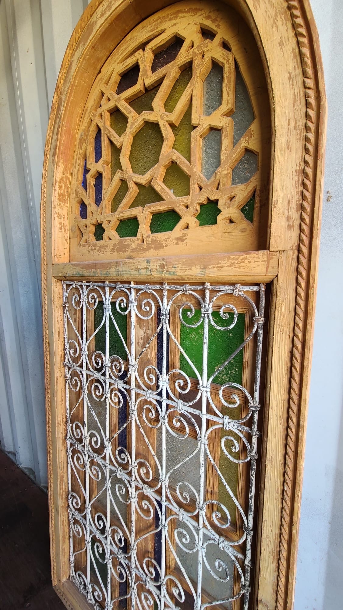 Antique Moroccan Window: Wrought Iron Filigree, Stained Glass (82” x 36”)