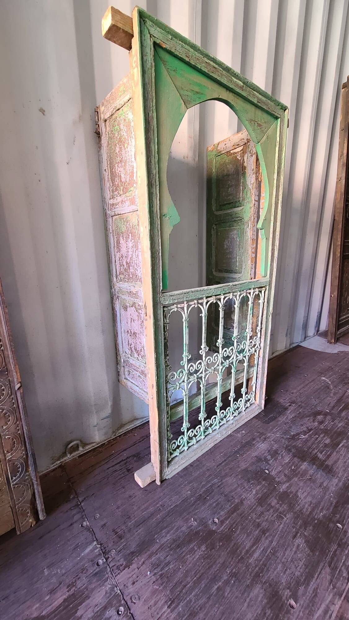 Vintage Moroccan Wood Window with Wrought Iron Filigree