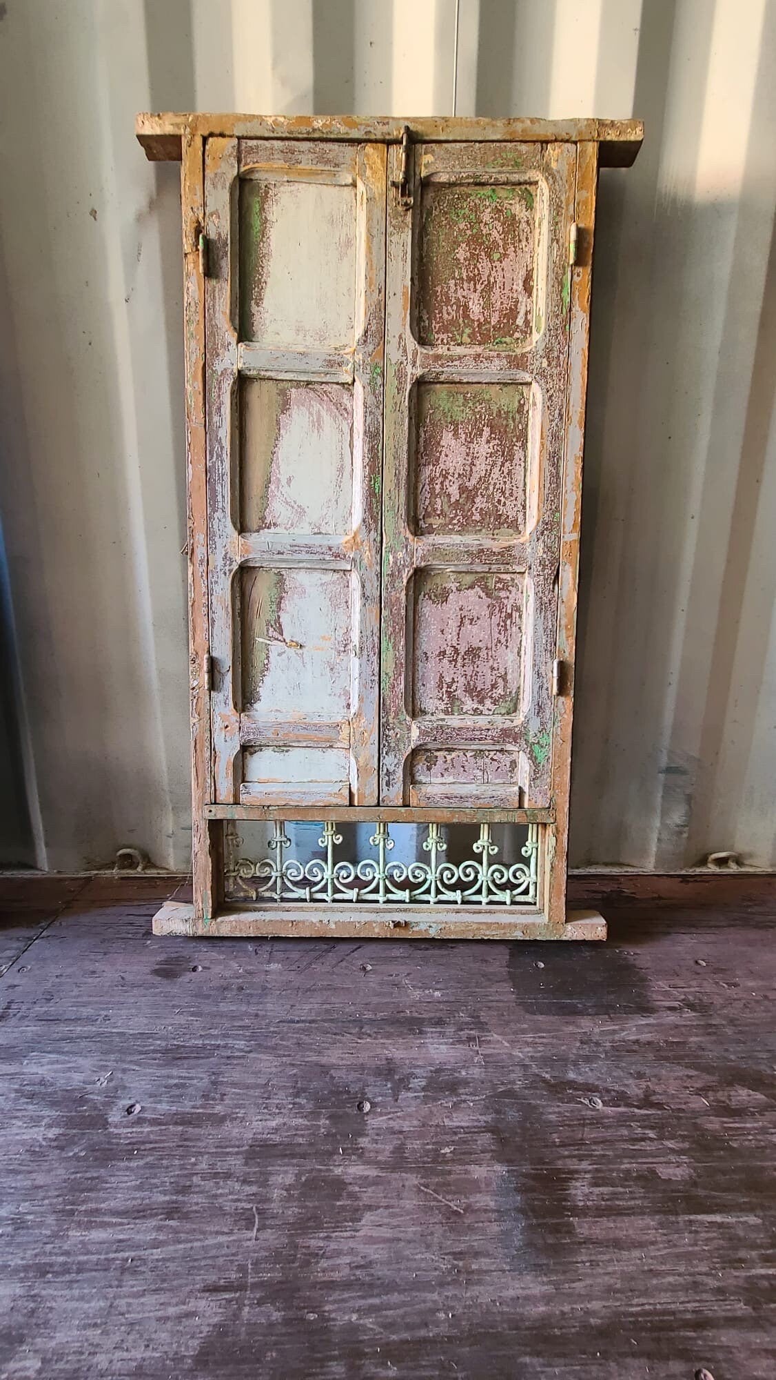 Vintage Moroccan Wood Window with Wrought Iron Filigree