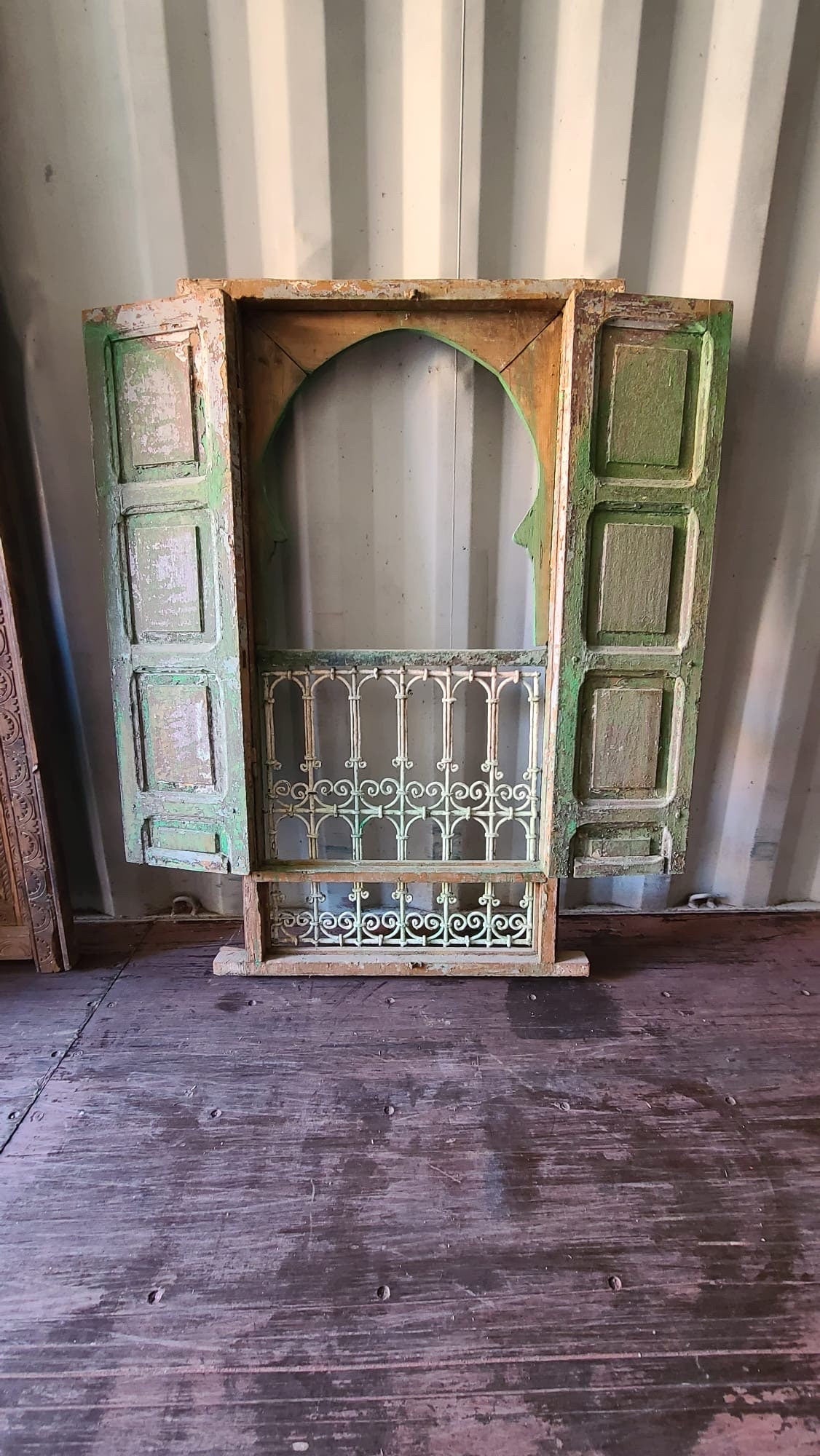 Vintage Moroccan Wood Window with Wrought Iron Filigree