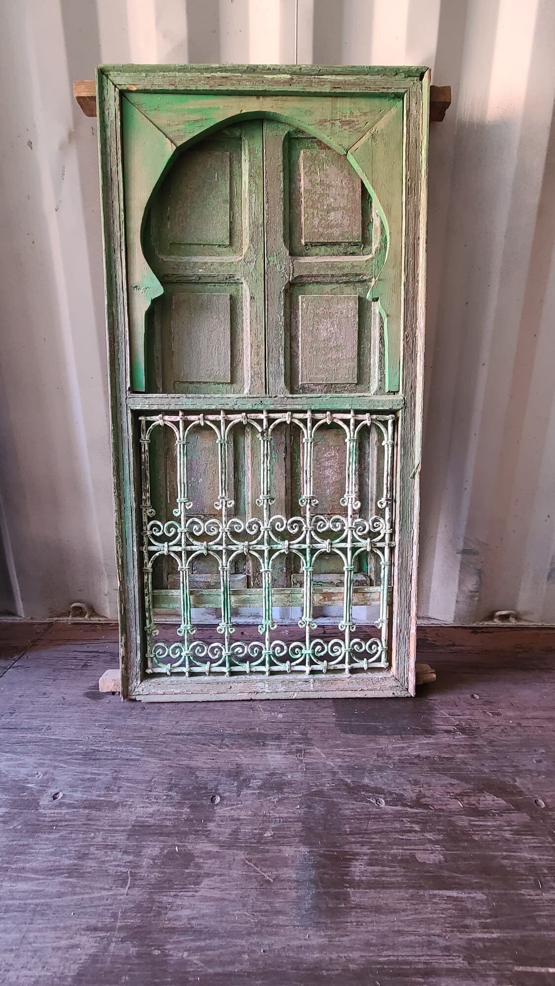Vintage Moroccan Wood Window with Wrought Iron Filigree
