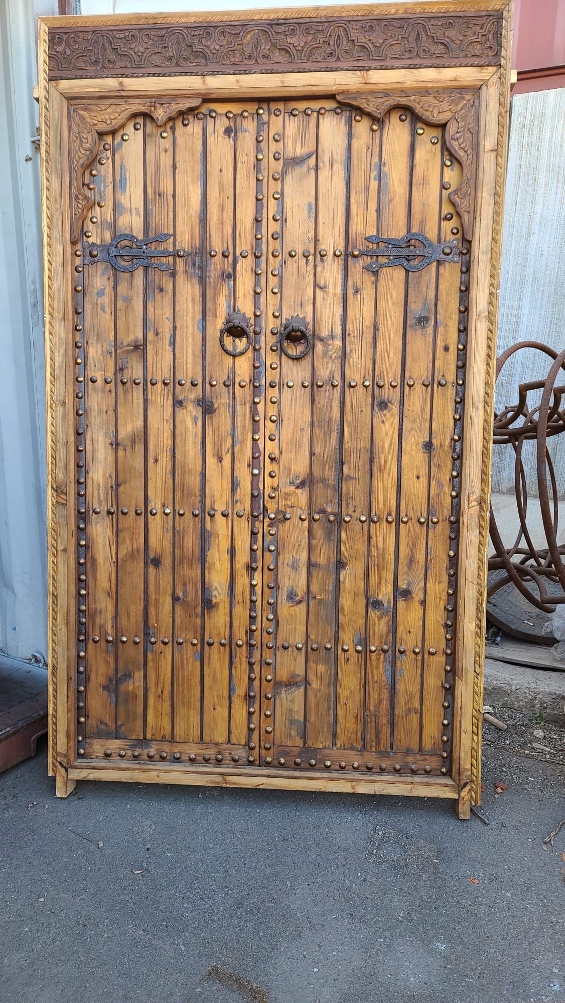 Vintage Moroccan Double Door: Handmade Carved Cedar with Metal Accents