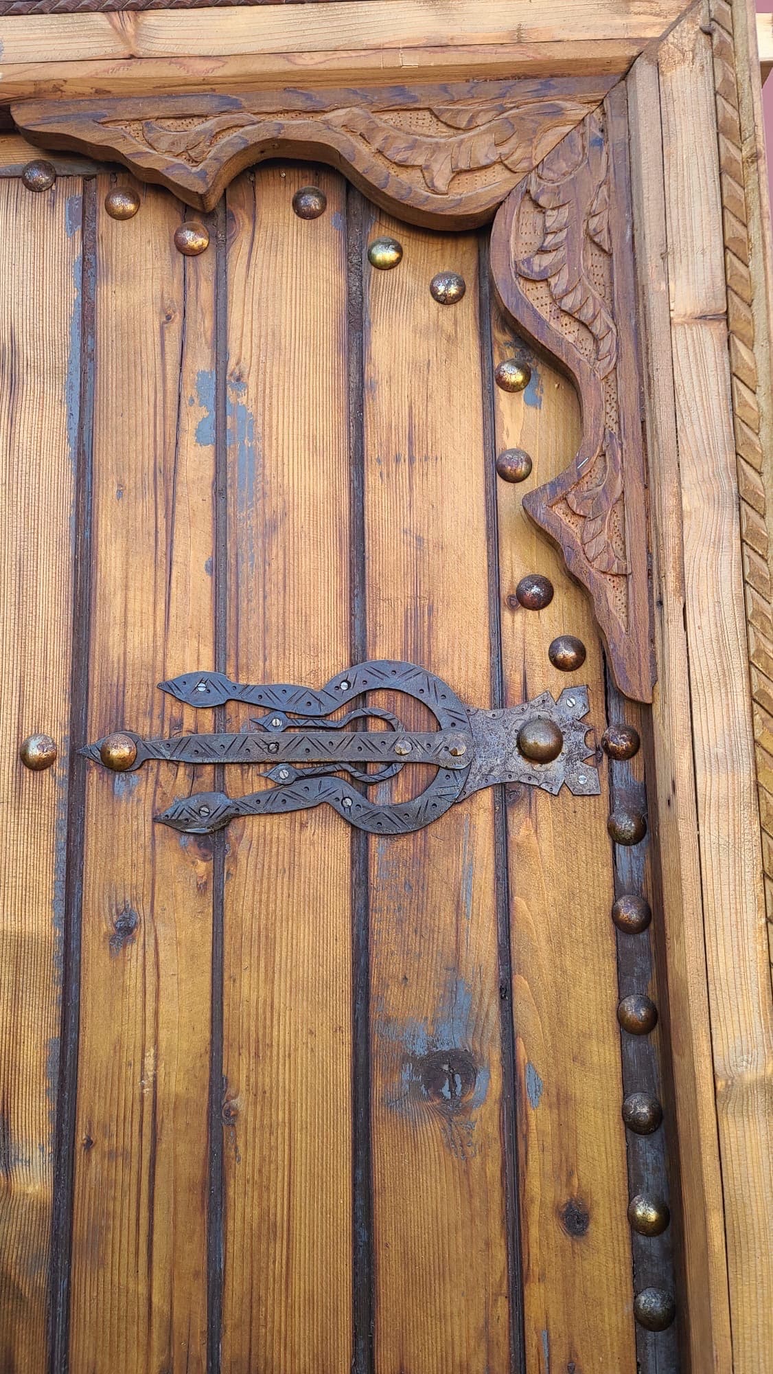 Vintage Moroccan Double Door: Handmade Carved Cedar with Metal Accents