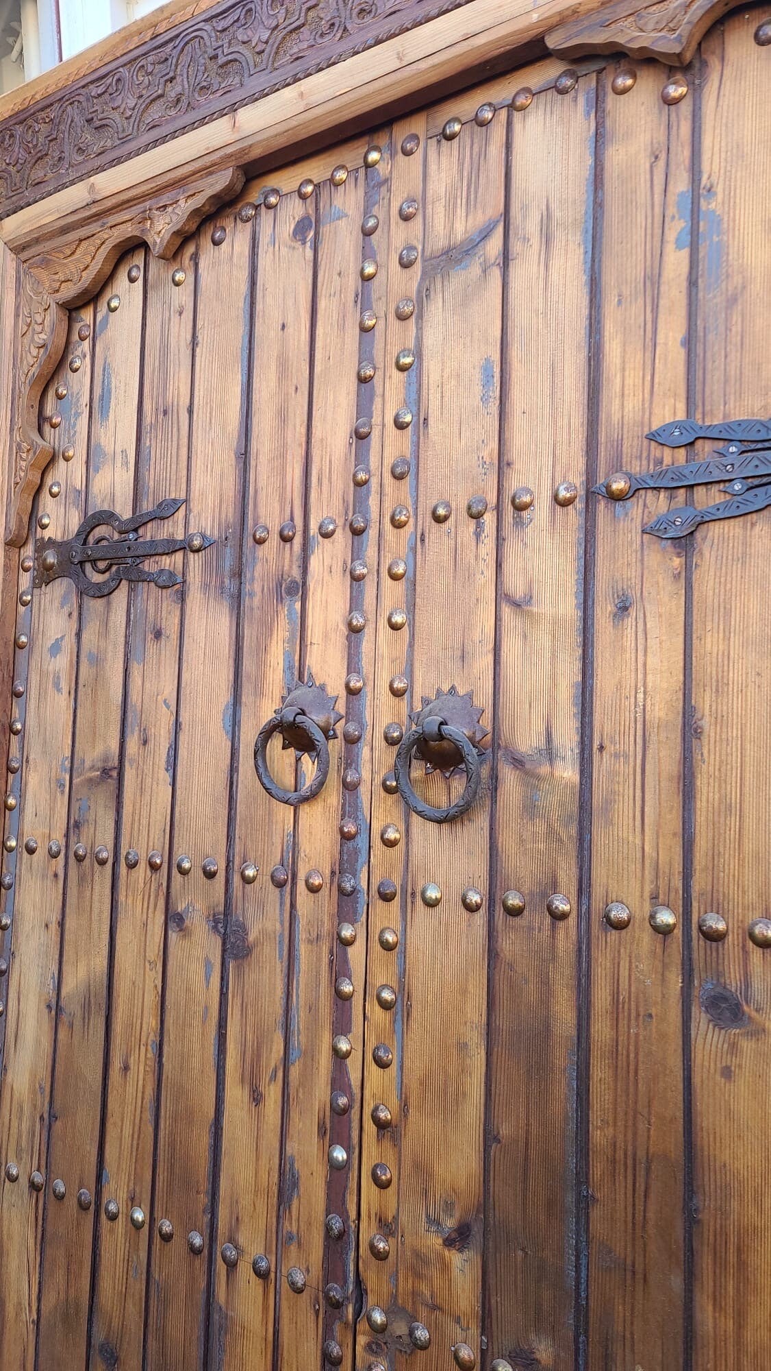 Vintage Moroccan Double Door: Handmade Carved Cedar with Metal Accents