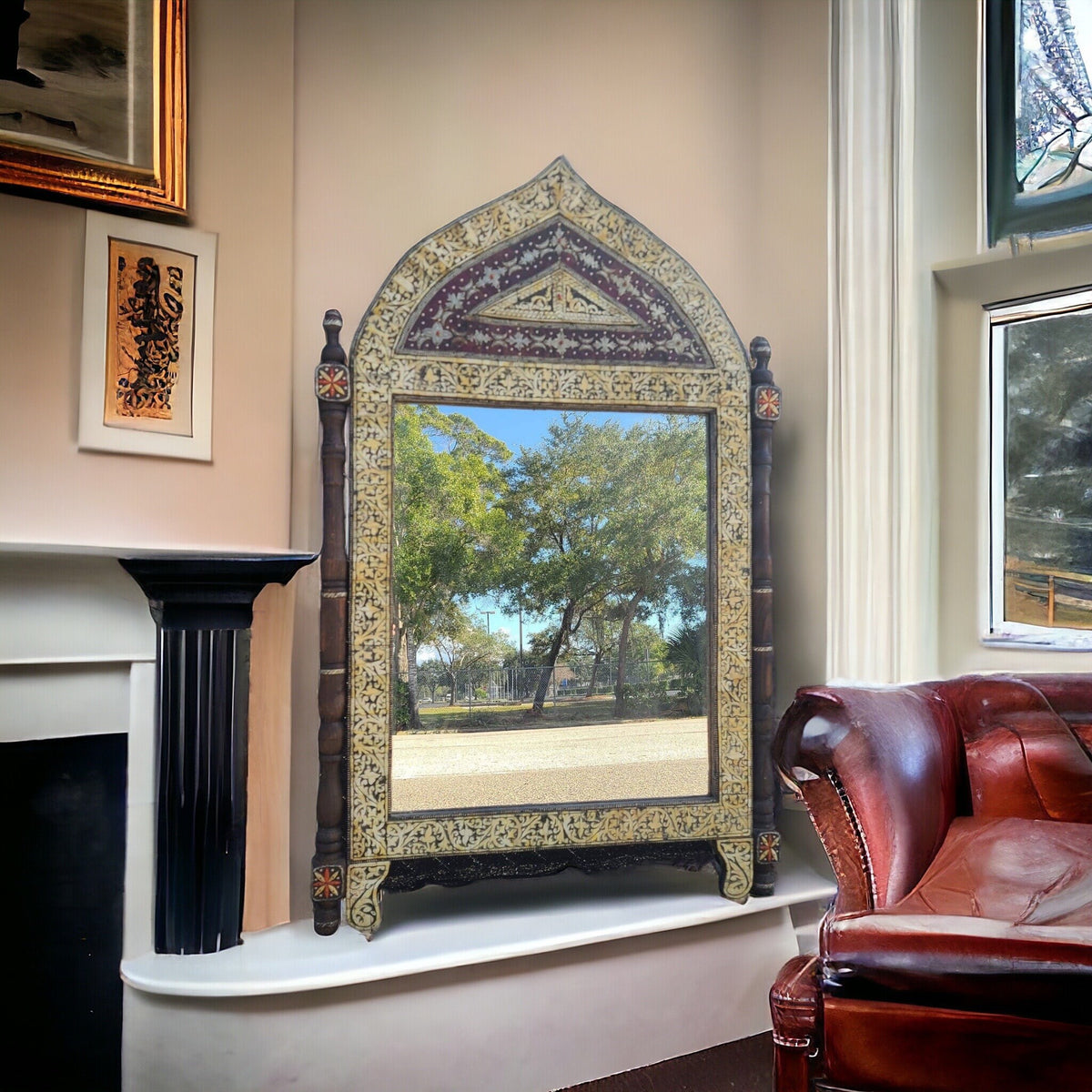 Large Antique Moroccan Mirror: Camel Bone Inlay, Moorish Design (61x38)