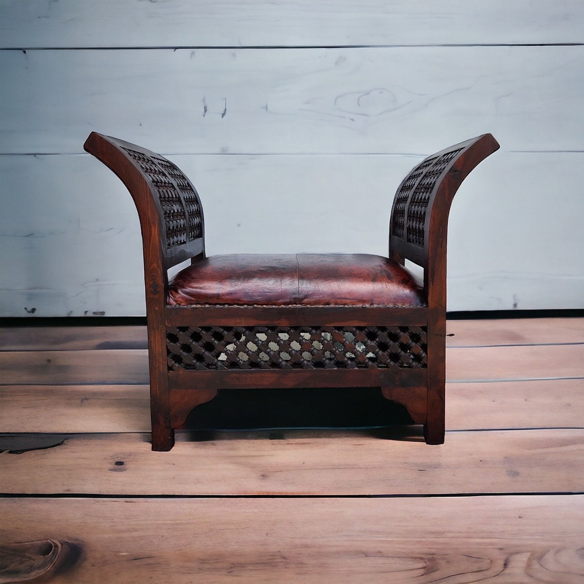 Vintage Moroccan Leather Chair, Handmade Mousharabia Wood Artwork