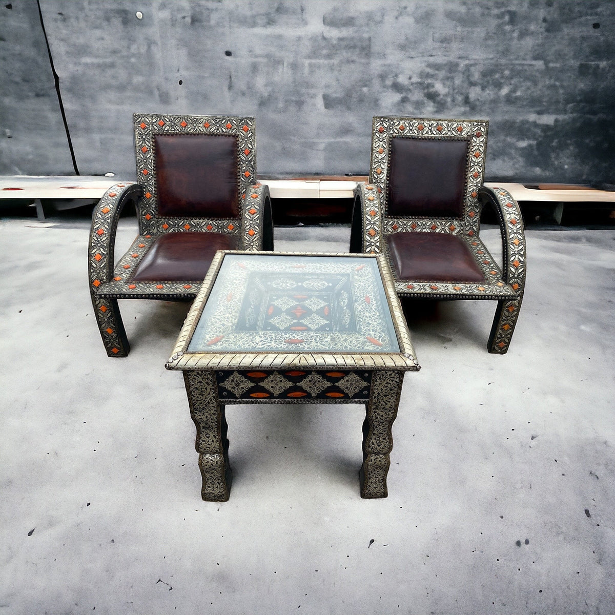 Vintage Silver Metal & Leather Moroccan Chairs, Touareg Bone Inlay