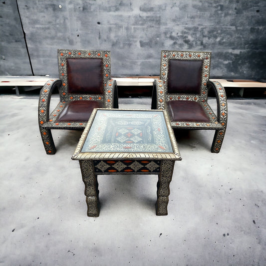 Vintage Silver Metal & Leather Moroccan Chairs, Touareg Bone Inlay