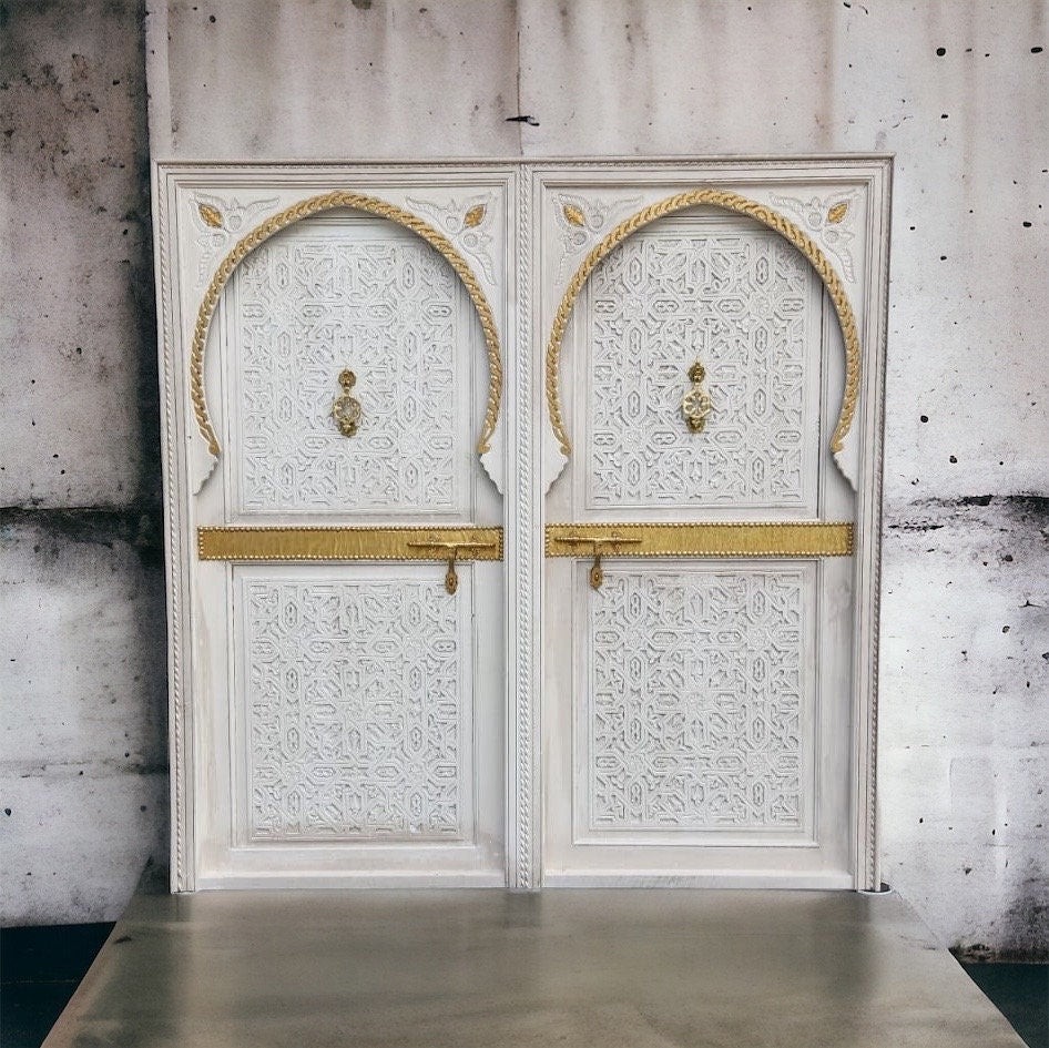 Handmade Moroccan Carved King Bed Headboard: Vintage Geometric Cedar, Brass door knockers