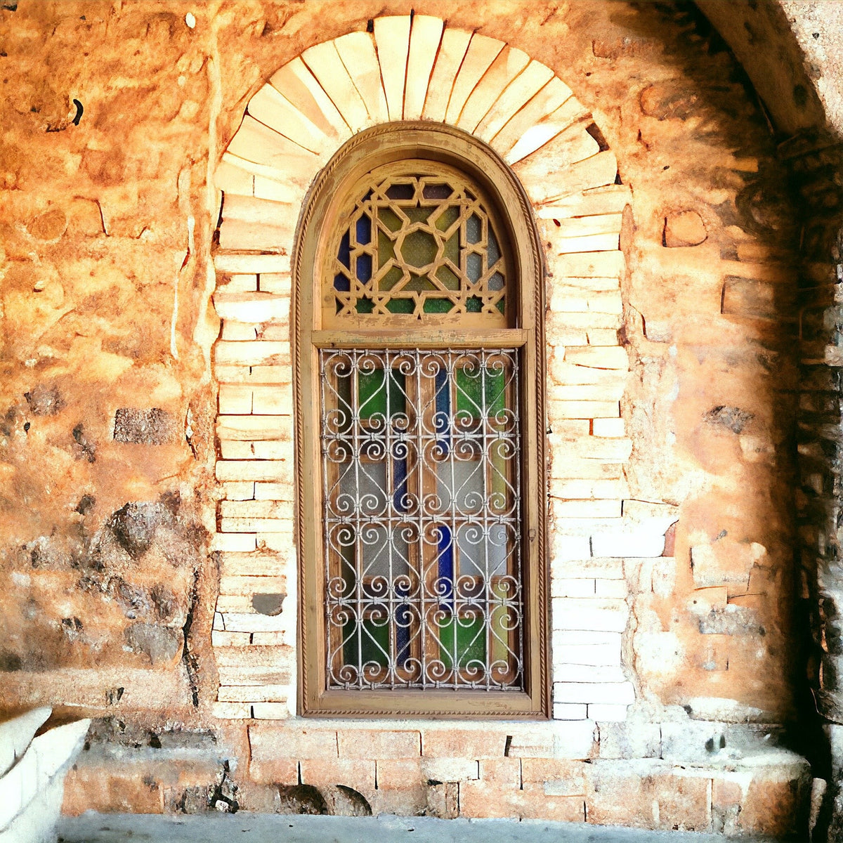 Antique Moroccan Window: Wrought Iron Filigree, Stained Glass (82” x 36”)