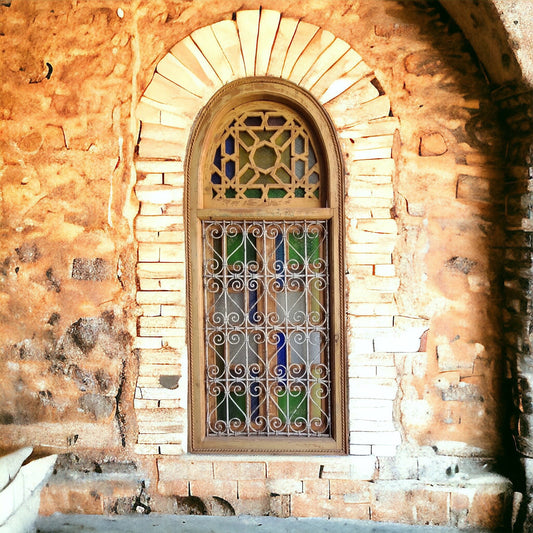 Antique Moroccan Window: Wrought Iron Filigree, Stained Glass (82” x 36”)
