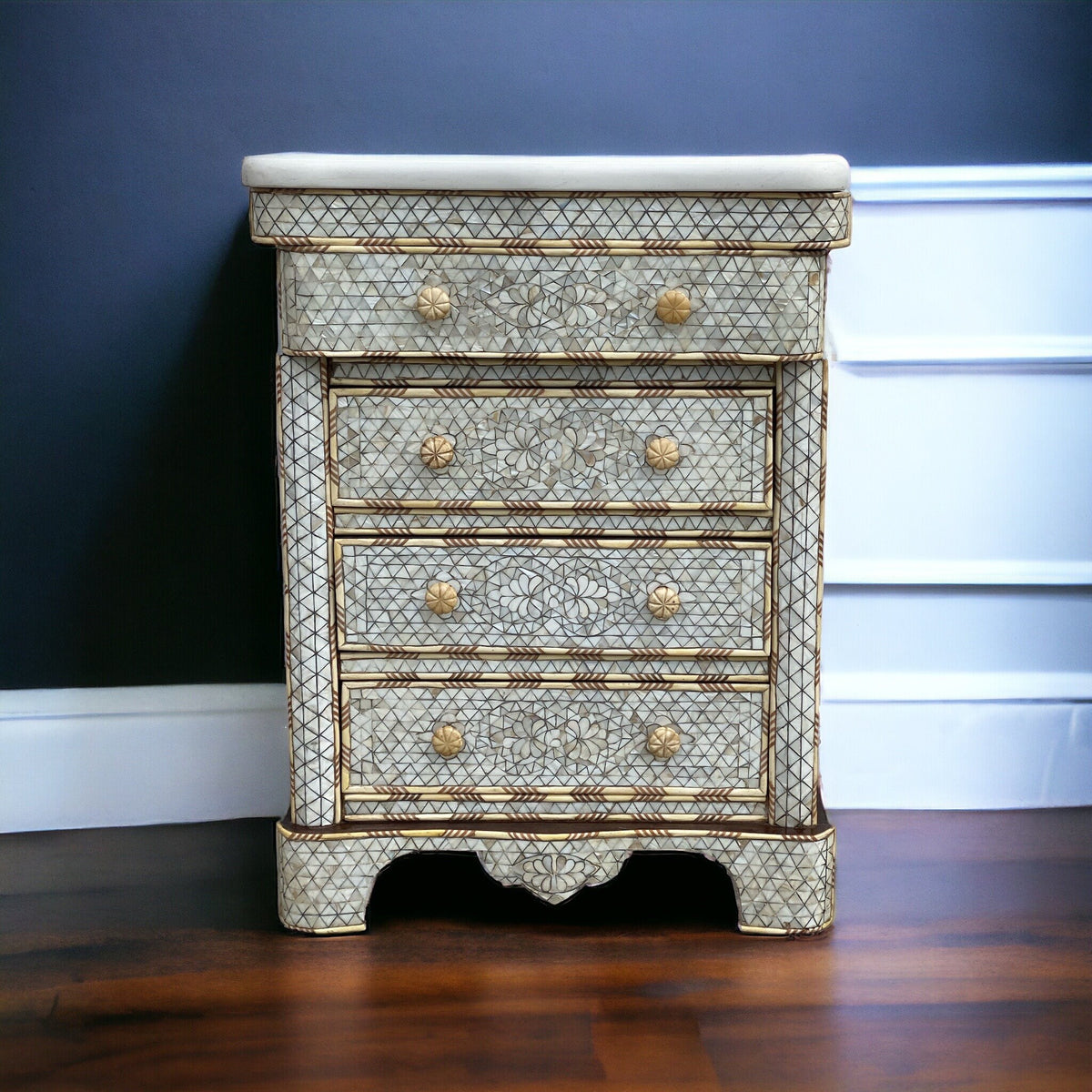 Vintage Mother of Pearl Inlay Nightstand, Syrian Chest with Marble Top