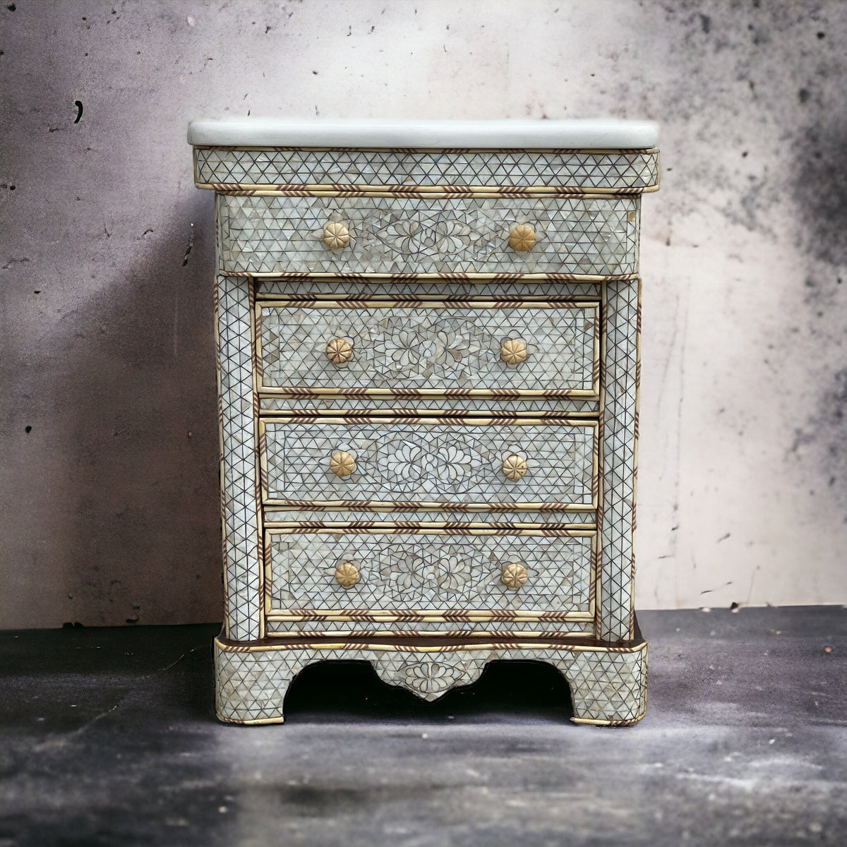 Vintage Mother of Pearl Inlay Nightstand, Syrian Chest with Marble Top