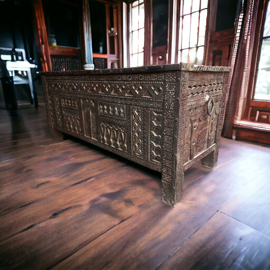 Large Vintage Moroccan Chest, Hand-Carved Touareg Trunk