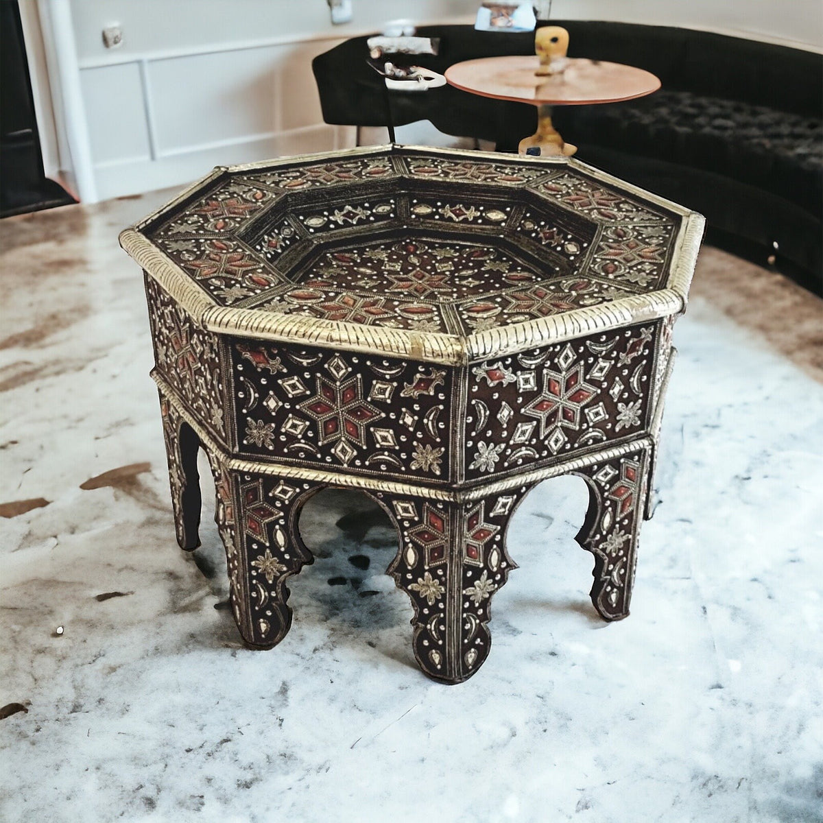 Vintage Moroccan Camel Bone Inlaid Table with Silver Accents