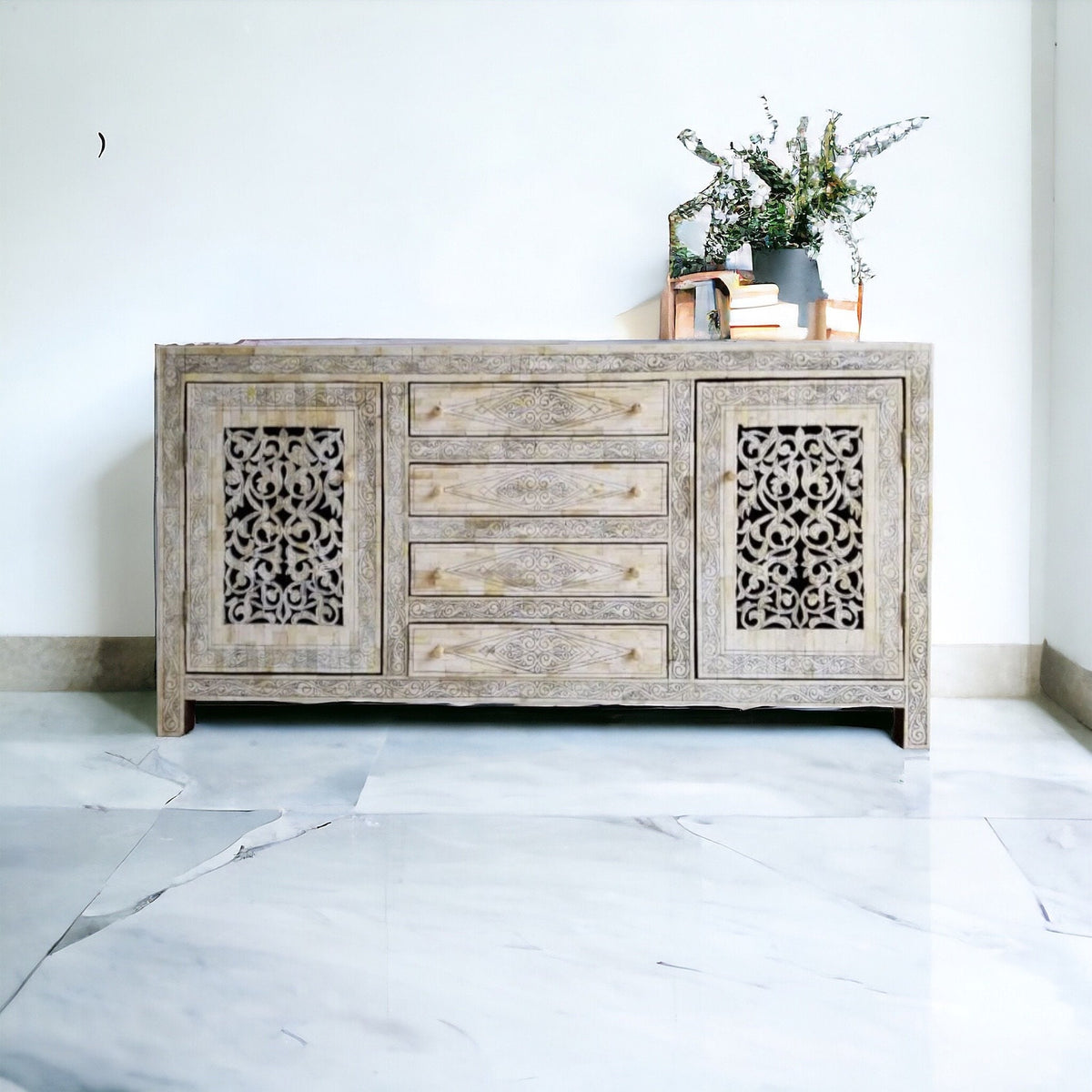 Vintage Moroccan Camel Bone Inlay Cabinet, Berber Chest of Drawers