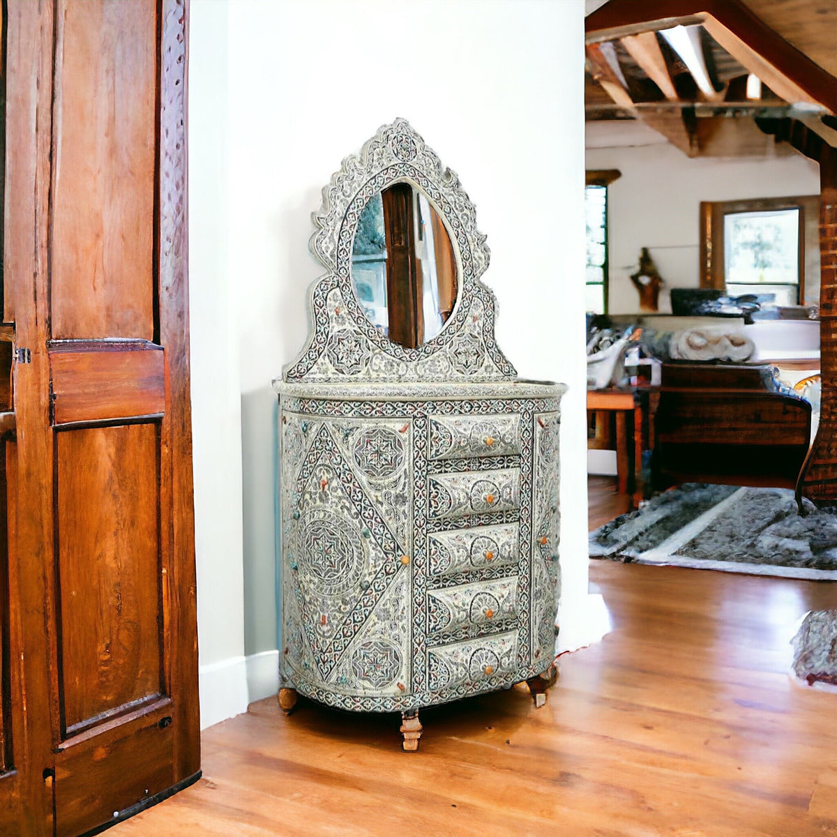 Vintage Moroccan Bone Inlay Vanity, Semi-Precious Stone Cabinet with Mirror