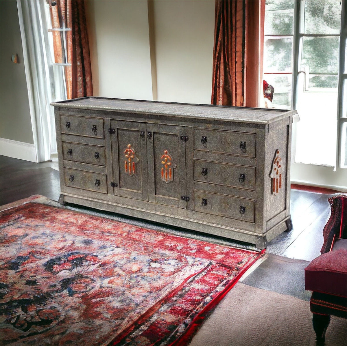 Handmade Moroccan Silver Metal Cabinet: Hamsa Hand Dresser, Solid Wood