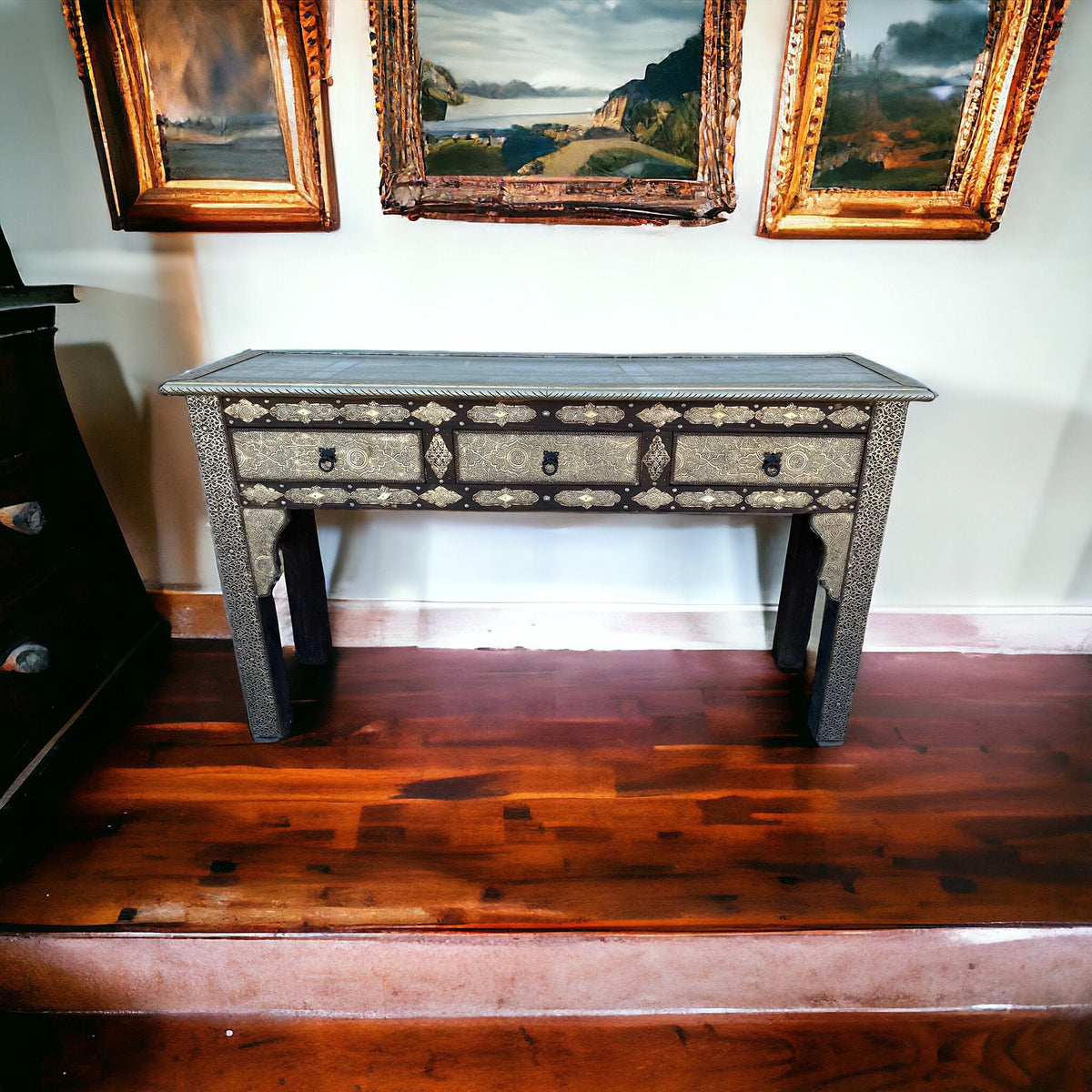 Handmade Moroccan Silver Console Cabinet, Moorish Dresser with Drawers