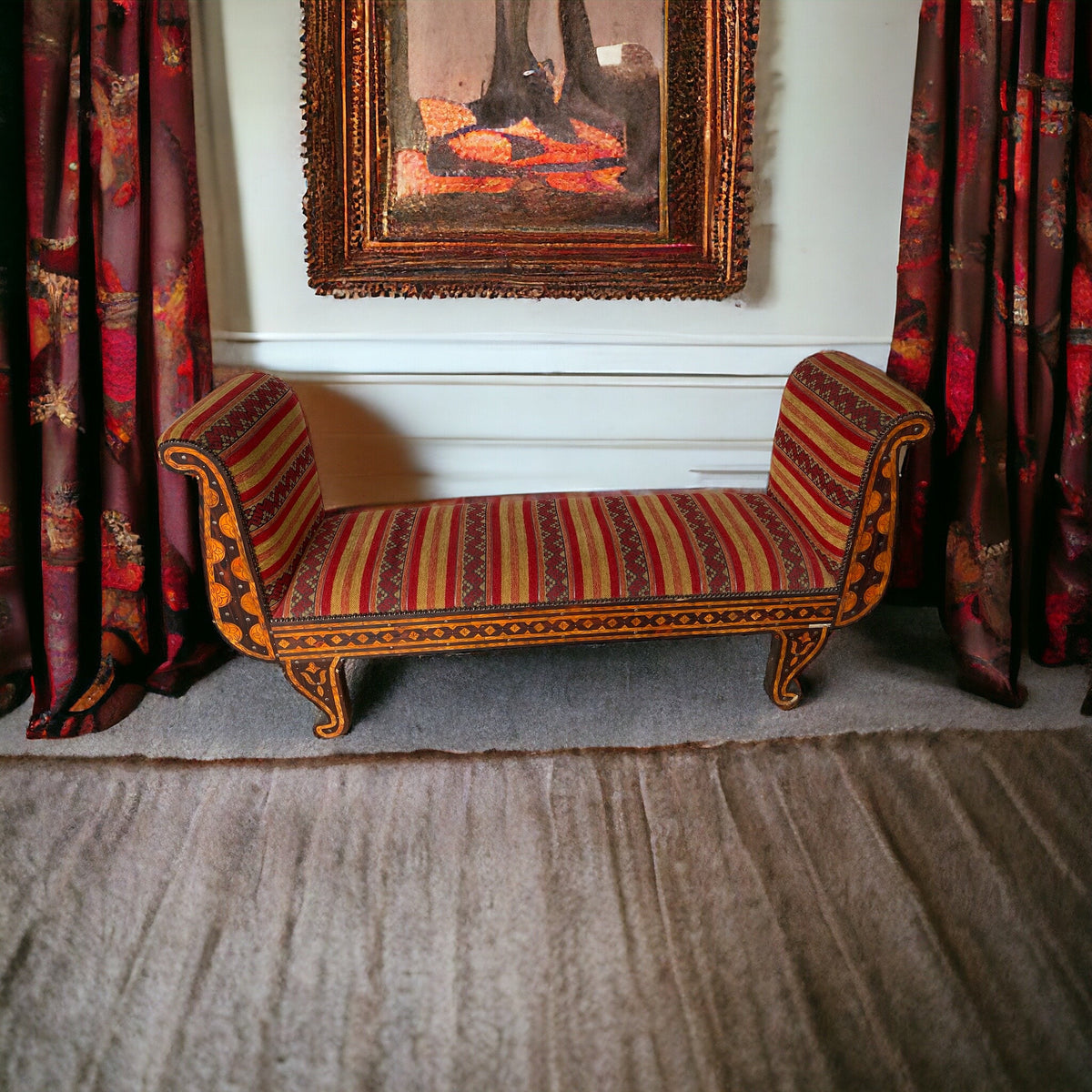 Vintage Moroccan Inlay Bench: Orange Bone & Upholstered Fabric Sofa