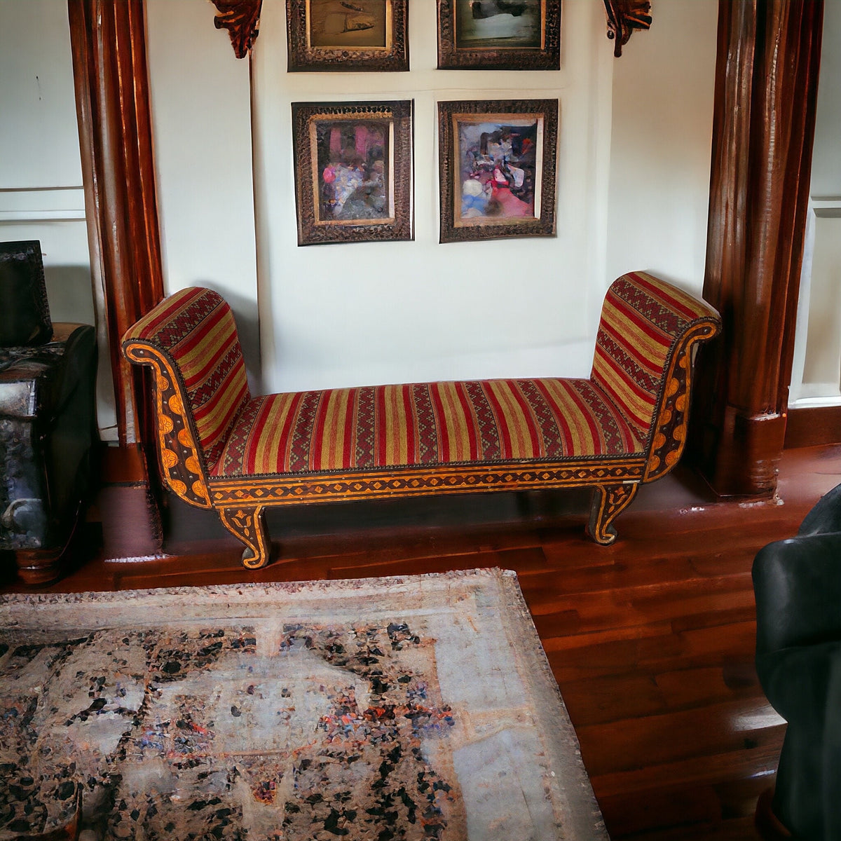 Vintage Moroccan Inlay Bench: Orange Bone & Upholstered Fabric Sofa