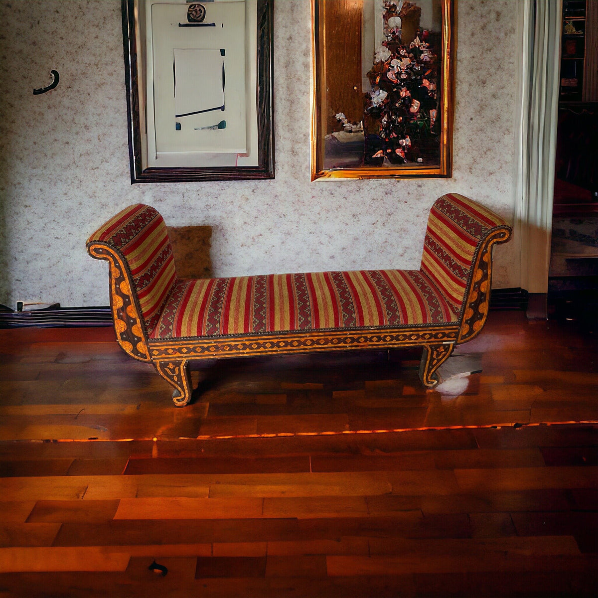 Vintage Moroccan Inlay Bench: Orange Bone & Upholstered Fabric Sofa