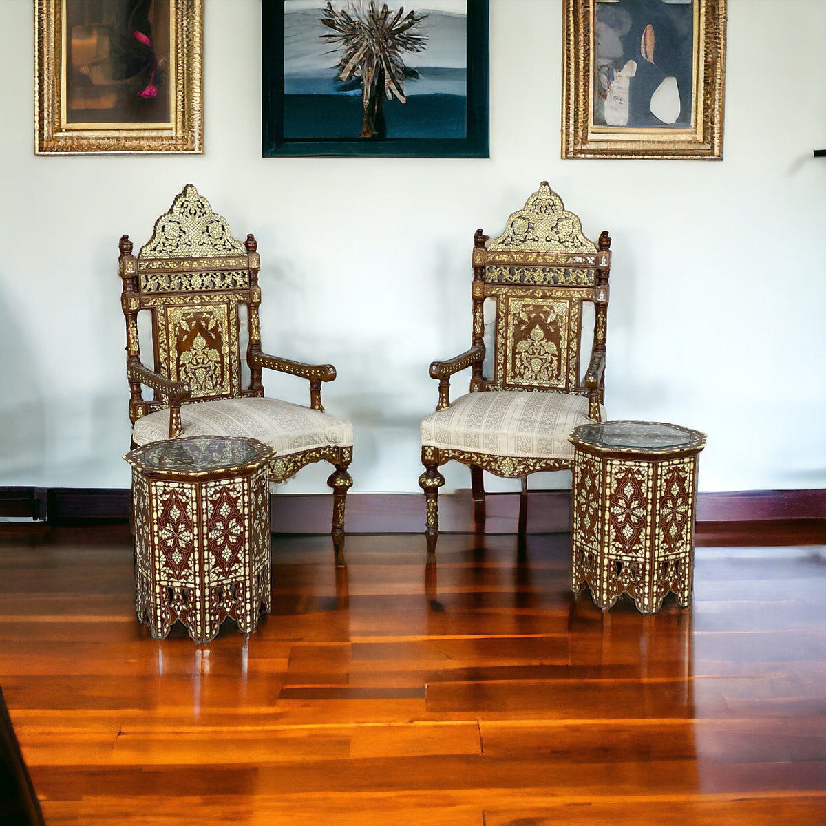 Antique Syrian Mother of Pearl Inlay Chairs with Tables, Ottoman Furniture