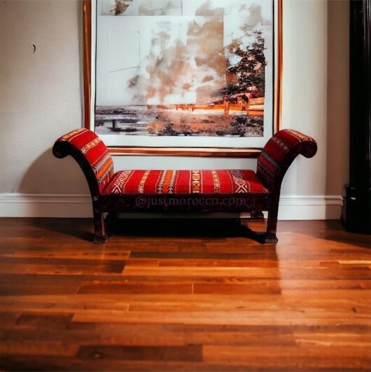 Handmade Carved Wooden Moroccan Kilim Bench, Arabic Decor (76x28 inches)