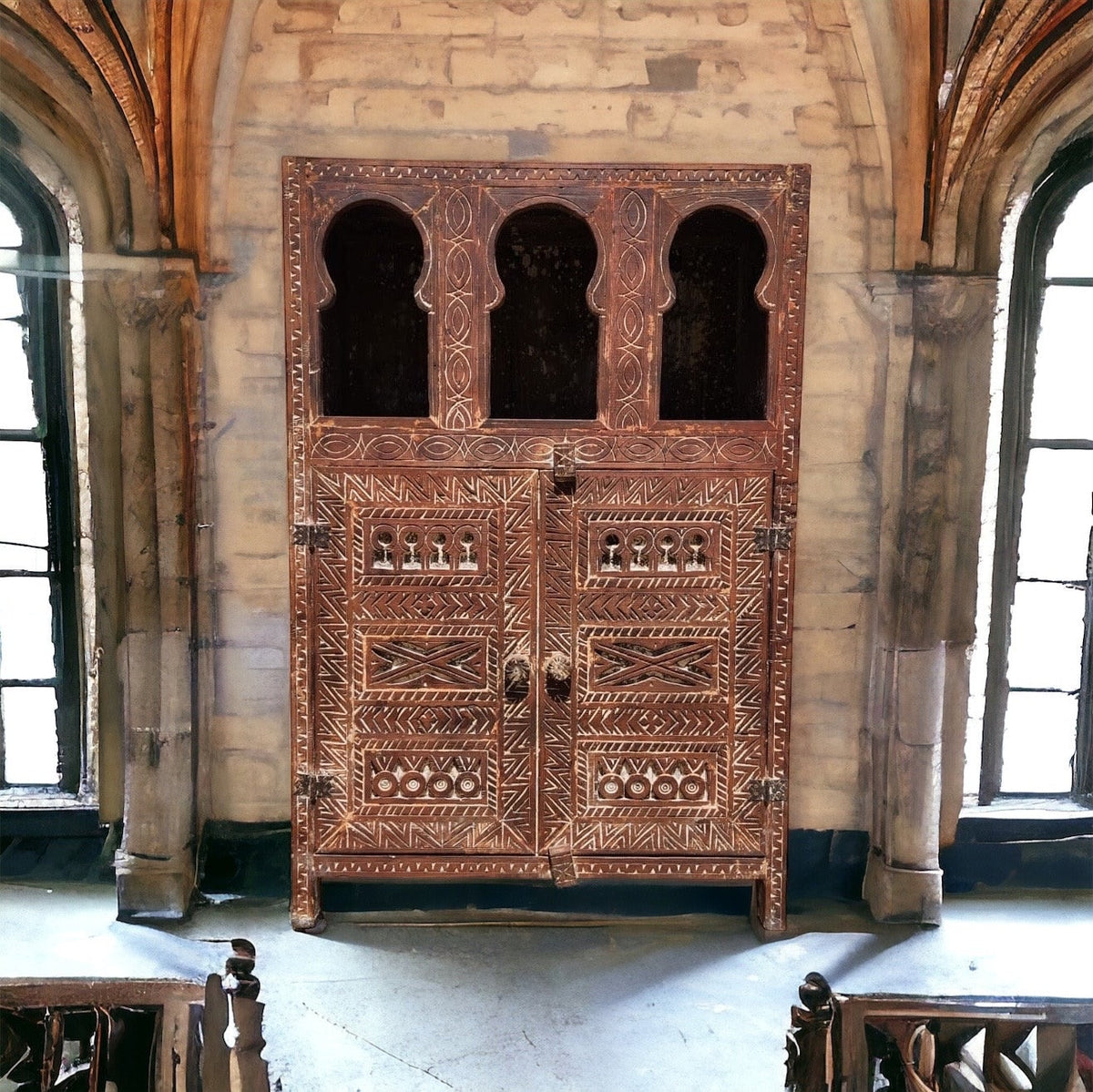 Handmade Moroccan Armoire: Carved Wooden Cabinet, Tribal Ethnic Design, Solid Wood Furniture