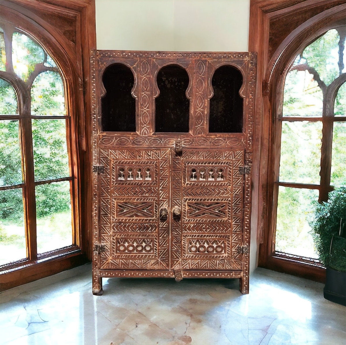 Handmade Moroccan Armoire: Carved Wooden Cabinet, Tribal Ethnic Design, Solid Wood Furniture