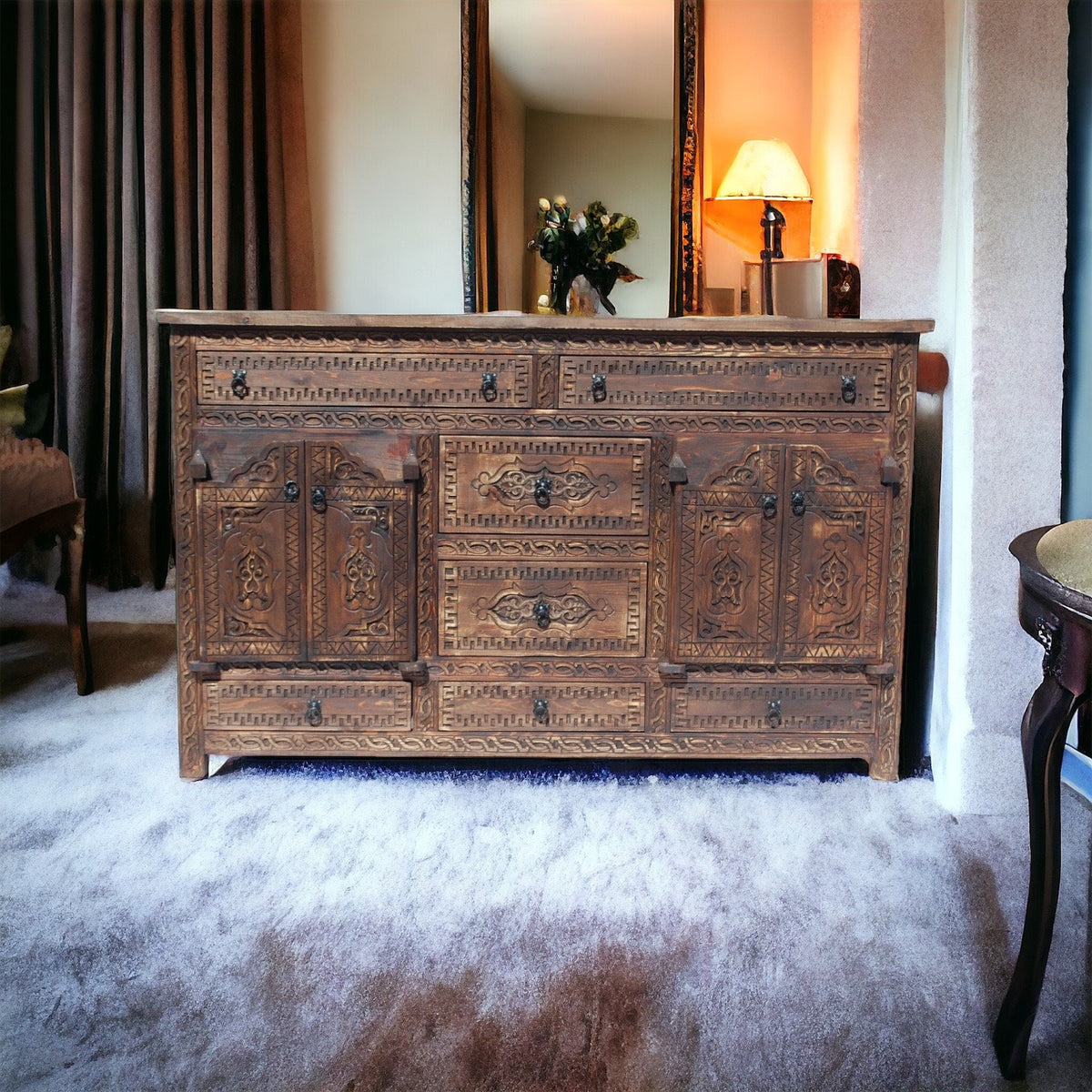 Handmade Moroccan Carved Wood Credenza: Rustic Moorish Dresser