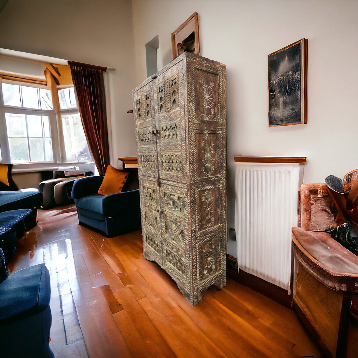 Rustic carved wood wardrobe : Vintage Carved Wooden armoire, Handcrafted statement furniture