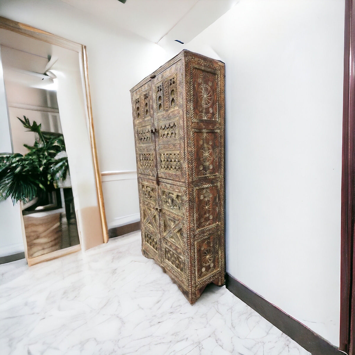 Rustic carved wood wardrobe : Vintage Carved Wooden armoire, Handcrafted statement furniture