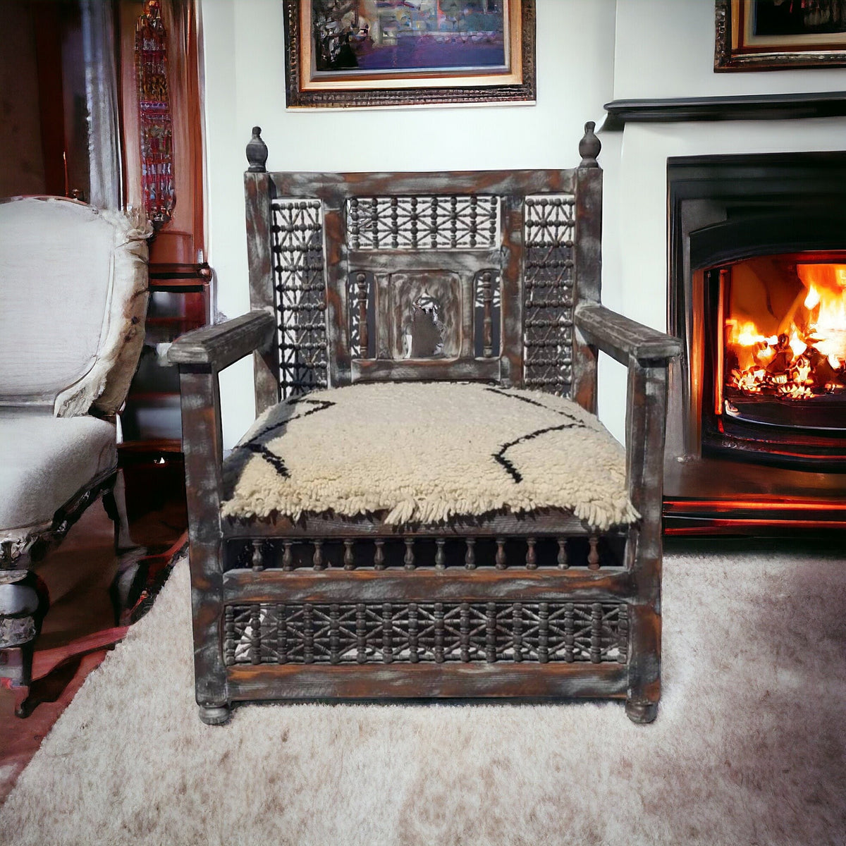 Handmade Moroccan Beni Ourain Wool Chair, Mousharabia Wood Artwork
