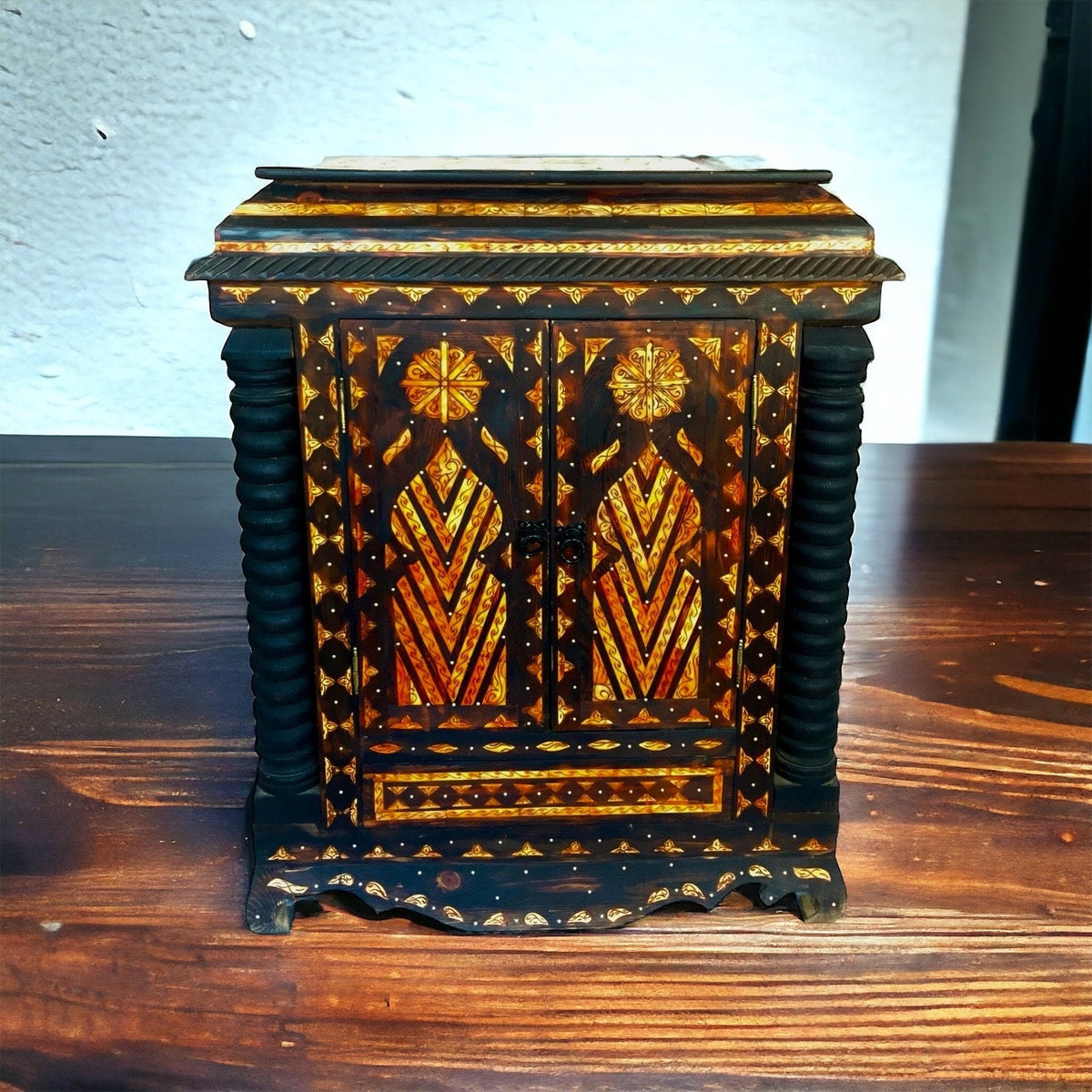 Handmade Moroccan Inlaid Camel Bone Chest, Berber Wedding Dowry Cabinet