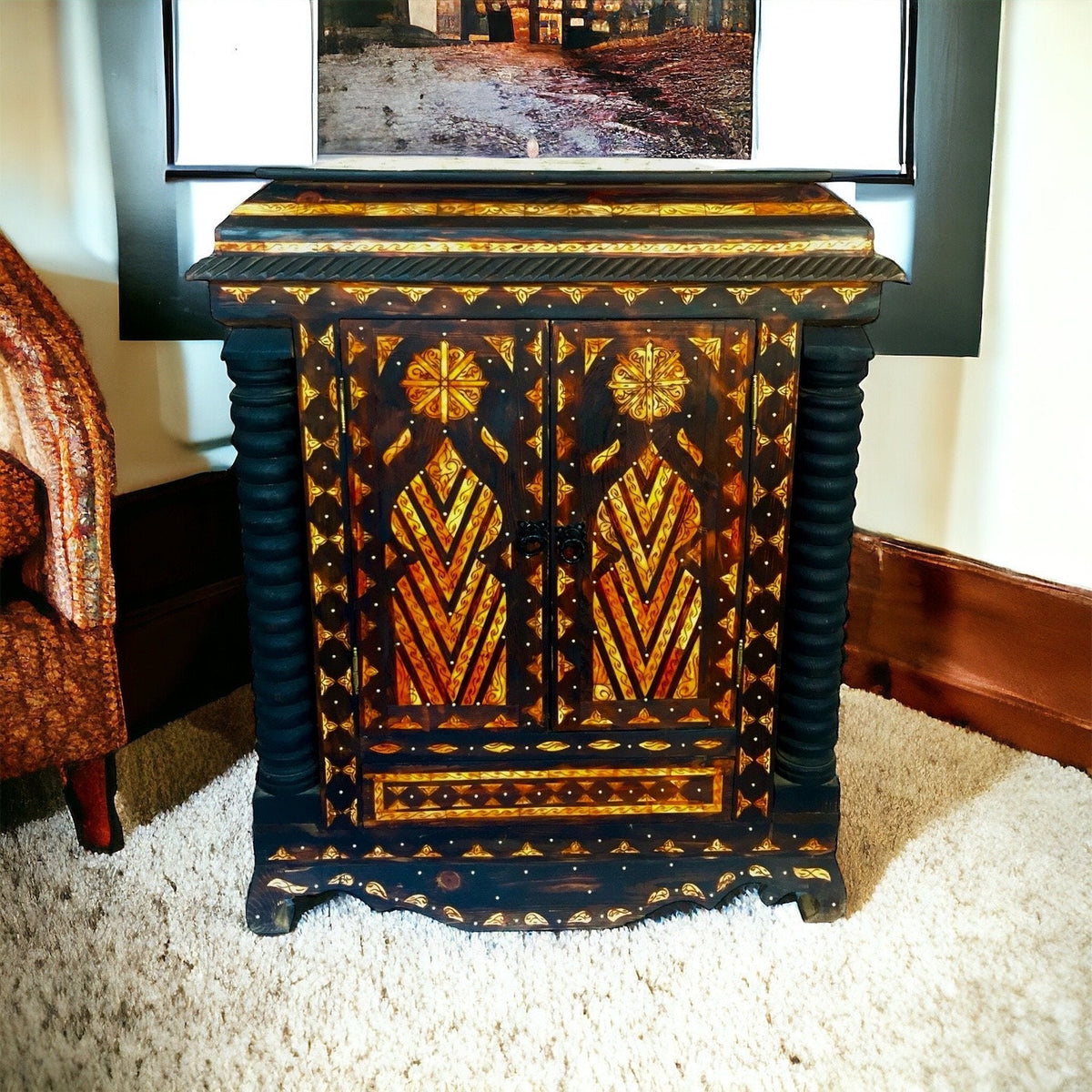 Handmade Moroccan Inlaid Camel Bone Chest, Berber Wedding Dowry Cabinet