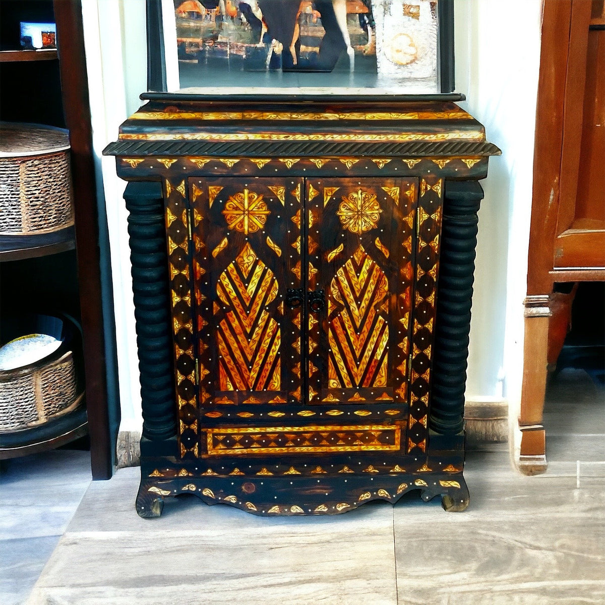 Handmade Moroccan Inlaid Camel Bone Chest, Berber Wedding Dowry Cabinet