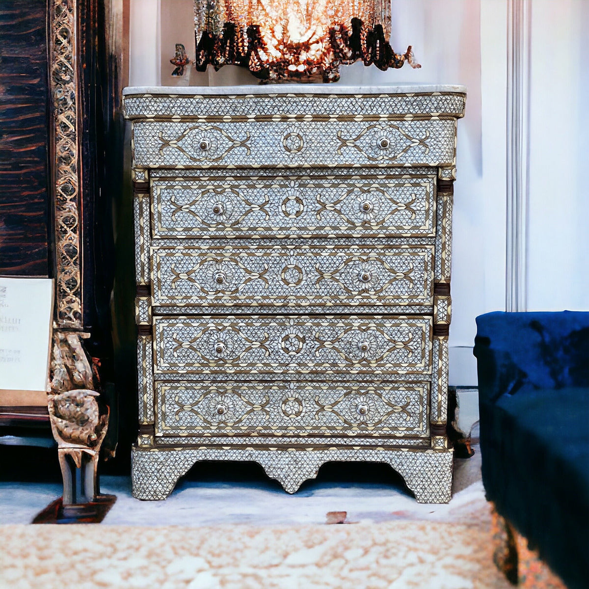 Moroccan Mother of Pearl Inlaid Dresser, Bone & Shell, 5 Drawers