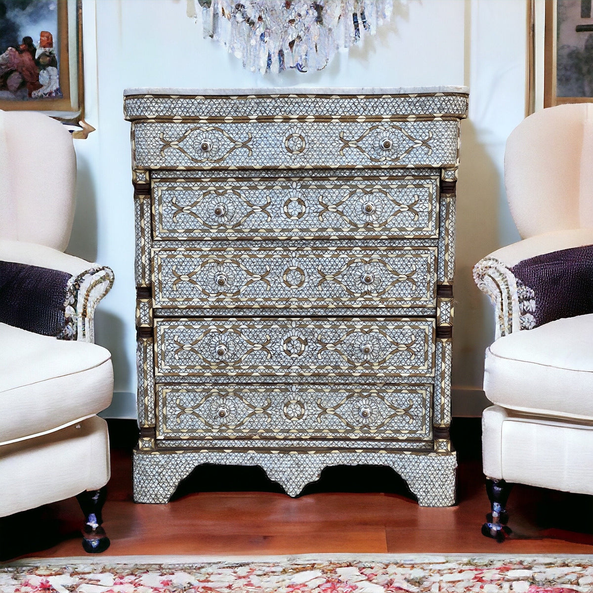 Moroccan Mother of Pearl Inlaid Dresser, Bone & Shell, 5 Drawers