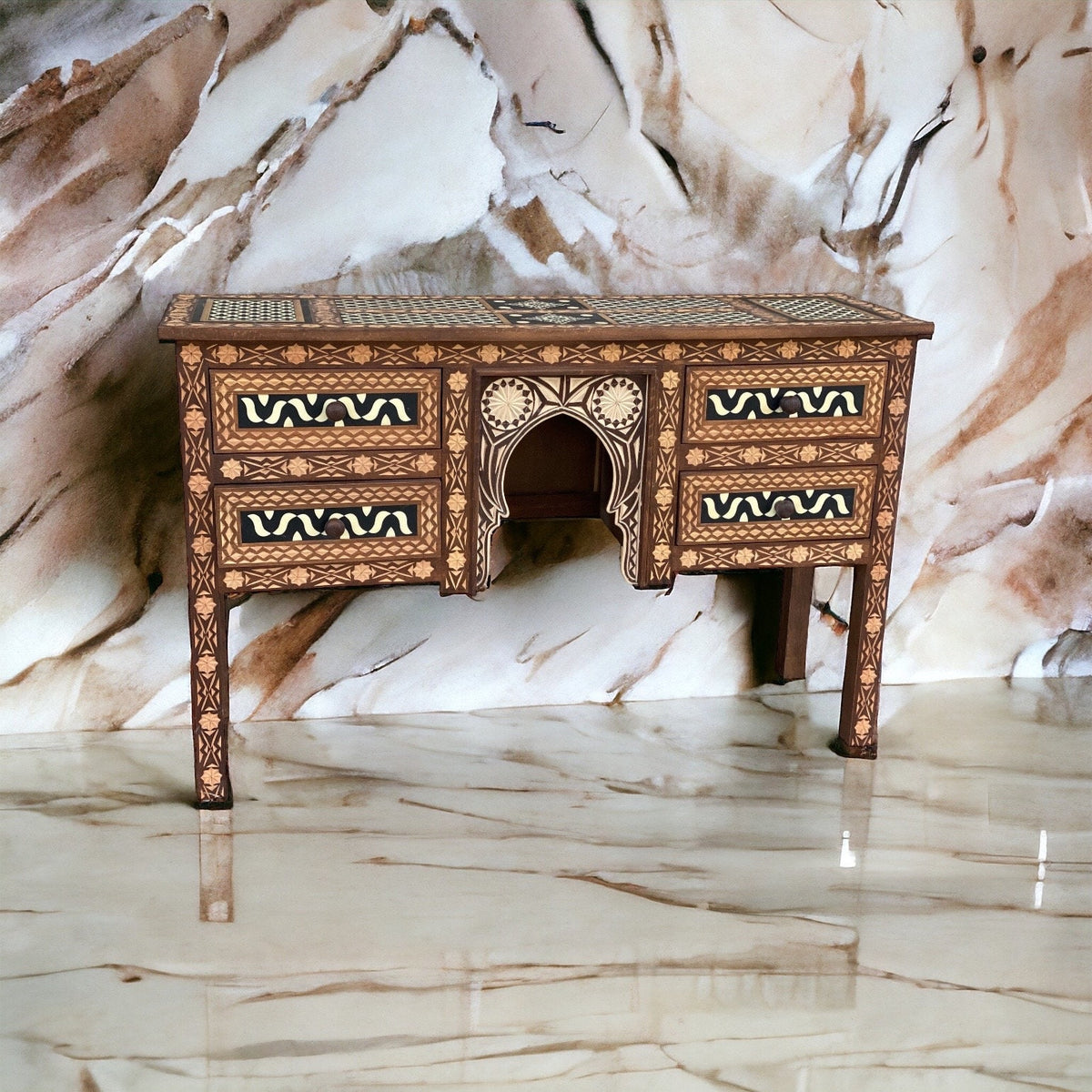 Handmade Carved Wood Desk, Moroccan Moorish Dresser with Bone Resin