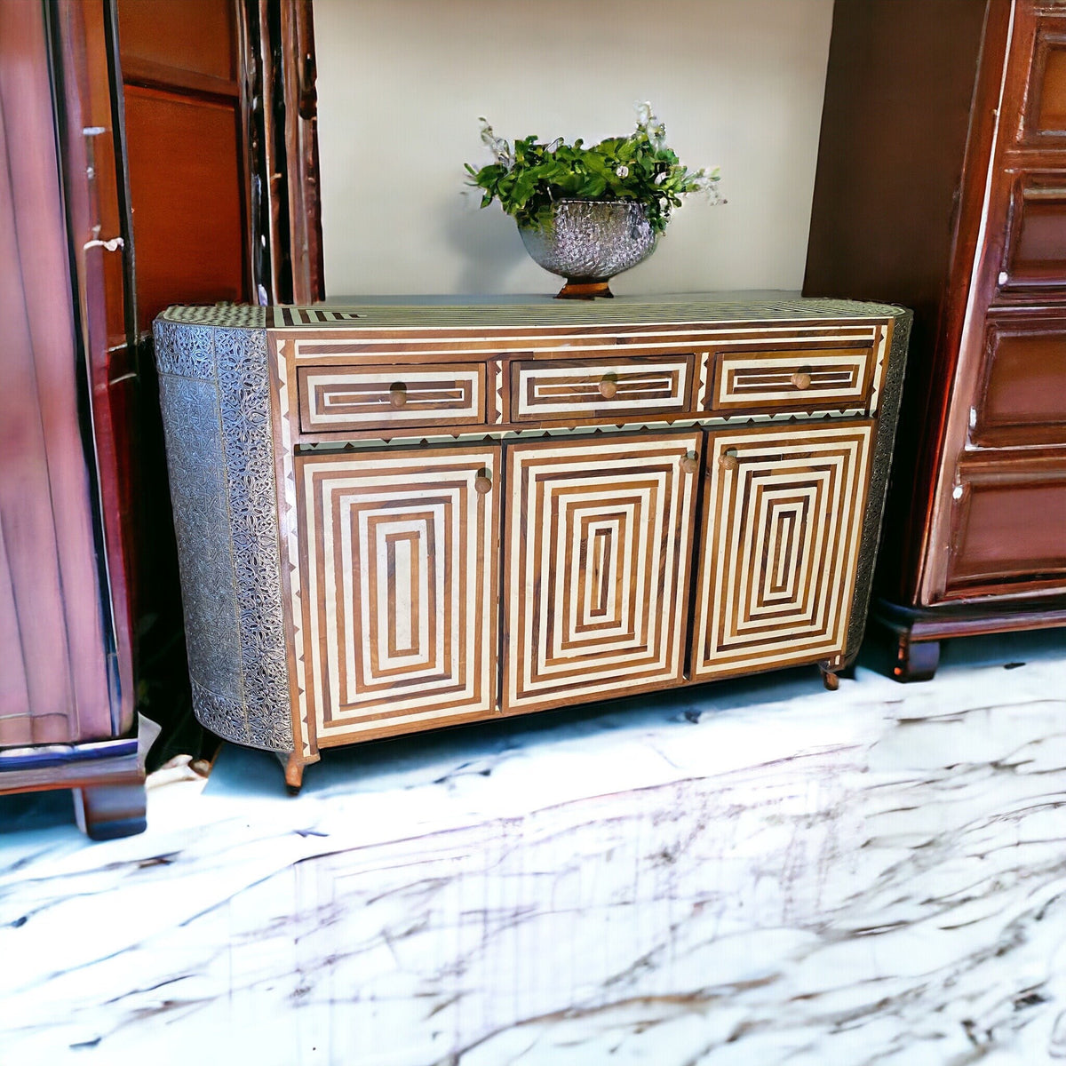 Handmade Silver Metal Moroccan Dresser - Bone and Resin Cabinet