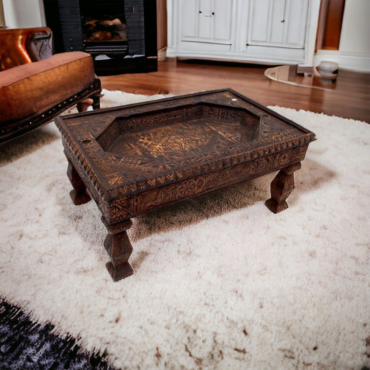 Hand Carved Cedar Moroccan Table, Berber Ethnic Style